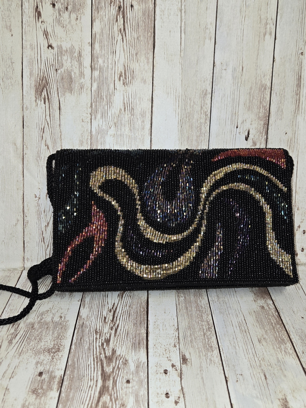 Vintage Bechamel Beaded Bag Black Multicolor Clutch Crossbody Purse